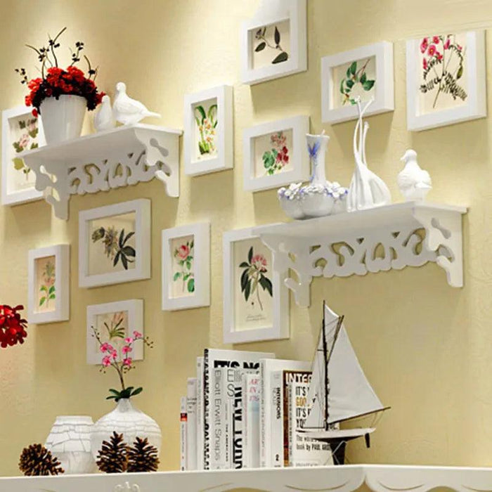 Elegant 13-Piece White Wood Carved Photo Frame Collection with Shelf Accents