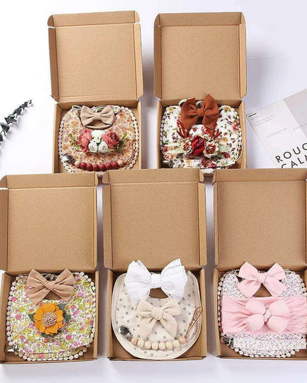 Chic Floral Baby Care Set: Bib, Headband, and Silicone Pacifier Clip in Festive Gift Box