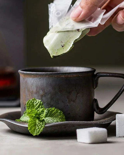Vintage Japanese-Inspired Stoneware Coffee Mug Set with Elegant Serving Tray
