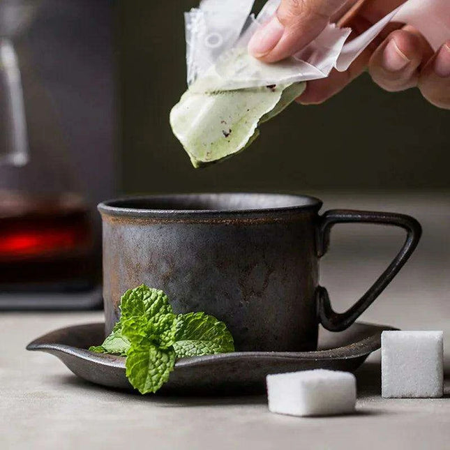 Vintage Japanese-Inspired Stoneware Coffee Mug Set with Elegant Serving Tray