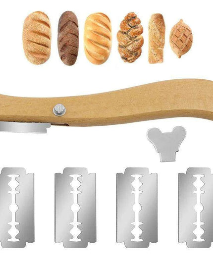 French Bakery Bread Knife Set with Ergonomic Wooden Handle and 5 Curved Blades - Complete Bundle with Packaging Box