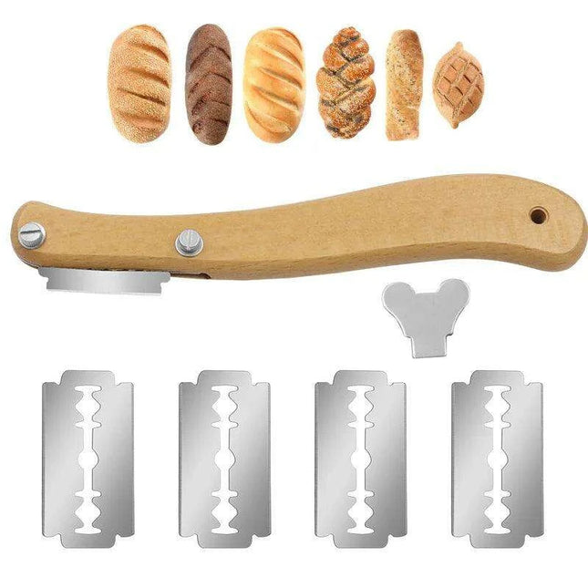 French Bakery Bread Knife Set with Ergonomic Wooden Handle and 5 Curved Blades - Complete Bundle with Packaging Box