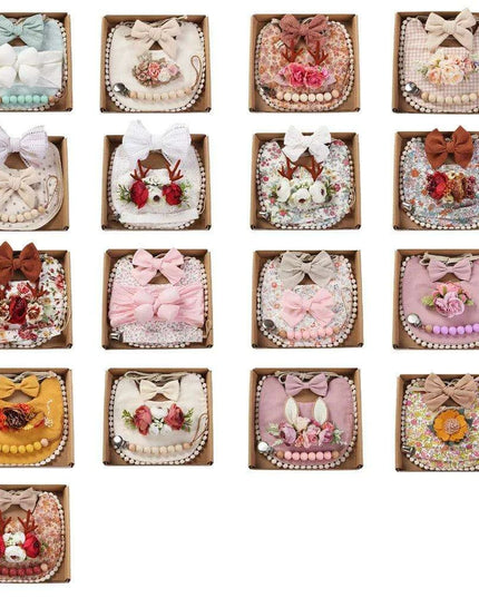 Chic Floral Baby Care Set: Bib, Headband, and Silicone Pacifier Clip in Festive Gift Box
