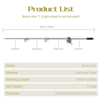 Professional Adjustable Stainless Steel Light Stand with Boom Arm & Sandbag - 2.49M Height