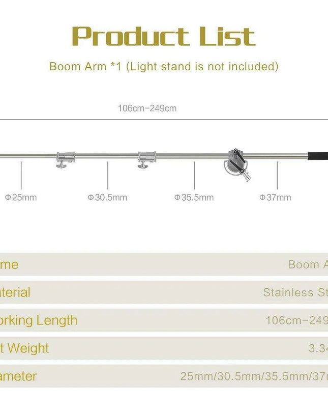 Professional Adjustable Stainless Steel Light Stand with Boom Arm & Sandbag - 2.49M Height
