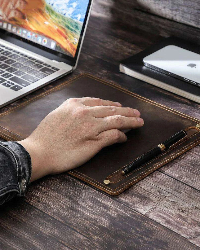 Luxurious Nubuck Leather Mouse Pad with Convenient Pen Holder for an Upscale Office