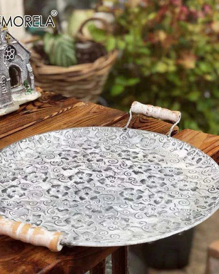 Antique-Style Round Metal Serving Tray with Rustic Wooden Handles for Cakes and Breads