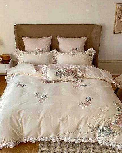Luxurious Vintage French Floral Embroidered 1000TC Egyptian Cotton Bedding Collection with Ruffles - Duvet Cover, Bed Sheet & Pillowcases (4 Pieces)