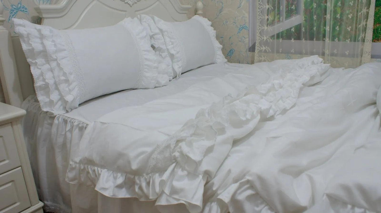 Luxurious White Cotton Bedding Set with Elegant Lace Details and Embroidered Ruffles