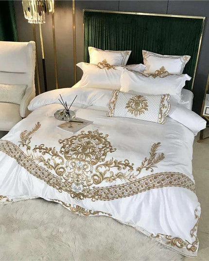 Elegant White Satin and Cotton Embroidered Luxury Bedding Collection with Duvet Cover, Sheets, and Pillowcases
