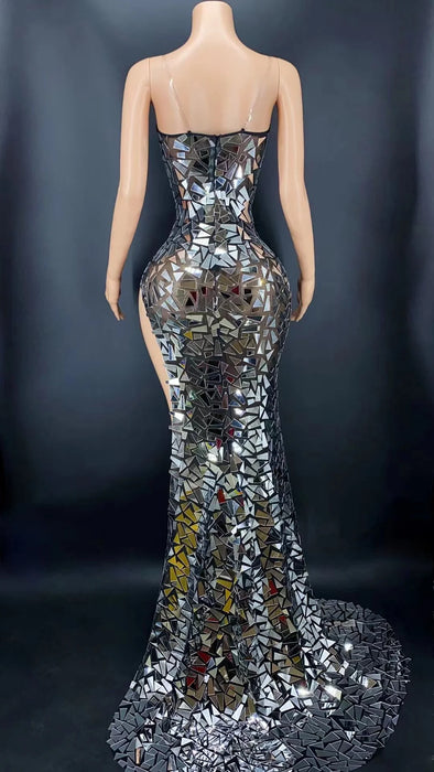Luxurious Silver Sparkle Evening Dress with Dramatic Train