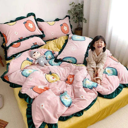 Opulent Velvet Striped Fleece Bedding Ensemble - 3 or 4 Piece Set with Ruffled Duvet Cover and Flannel Sheets