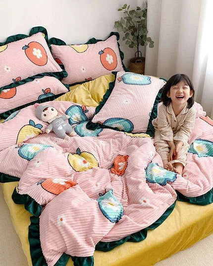 Opulent Velvet Striped Fleece Bedding Ensemble - 3 or 4 Piece Set with Ruffled Duvet Cover and Flannel Sheets