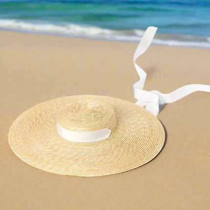 Stylish Wide Brim Straw Hat with Ribbon Tie for Women - 15cm Beach Cap in White and Black