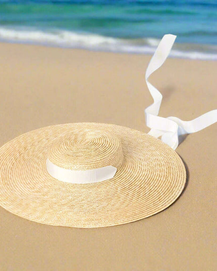 Stylish Wide Brim Straw Hat with Ribbon Tie for Women - 15cm Beach Cap in White and Black
