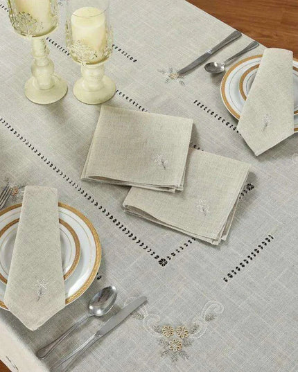 Elegant Grey Linen Dining Set with 8 Hand-Embroidered Napkins - Exquisite Table Ensemble
