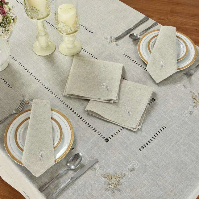 Elegant Grey Linen Dining Set with 8 Hand-Embroidered Napkins - Exquisite Table Ensemble