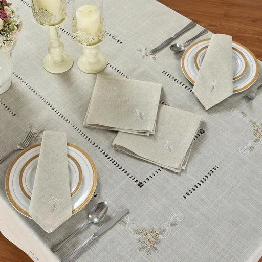 Handcrafted Grey Tablecloth Set with 8 Napkins - Linen Look, Hand-Embroidered & Hemstitched
