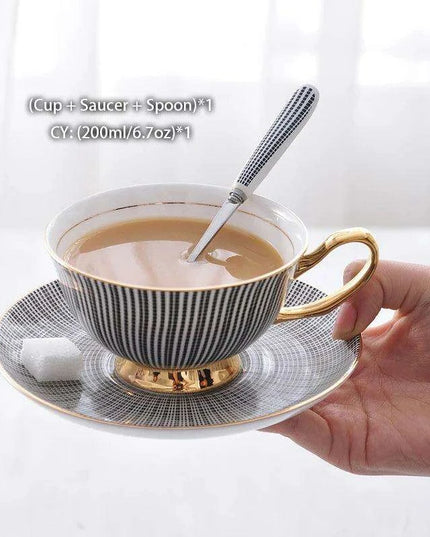 Elegant Gray Bone China Tea Set with Gold Accents - 200ml Cup, Saucer & Spoon Collection