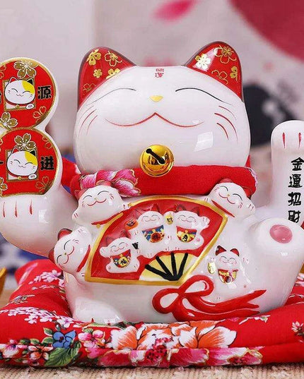 Ceramic 7.5-Inch Maneki Neko Cat Figurine with Swinging Arm for Attracting Abundance and Good Fortune
