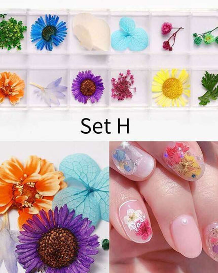 Botanical Beauty Nail Art Set with Dried Floral Accents and Sparkling Rhinestones