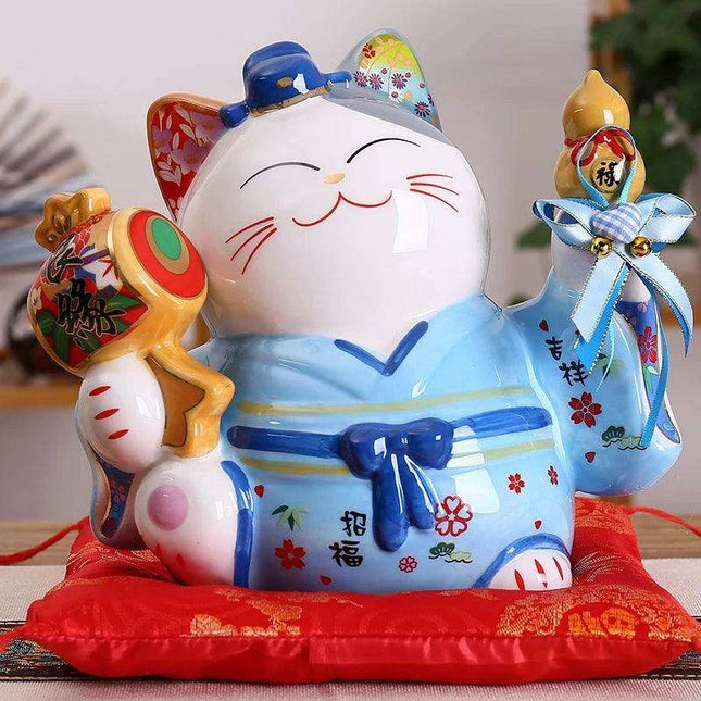 Hand-Painted 8-Inch Ceramic Maneki Neko Lucky Cat Bank - Japanese Charm for Home Decor and Thoughtful Gifting
