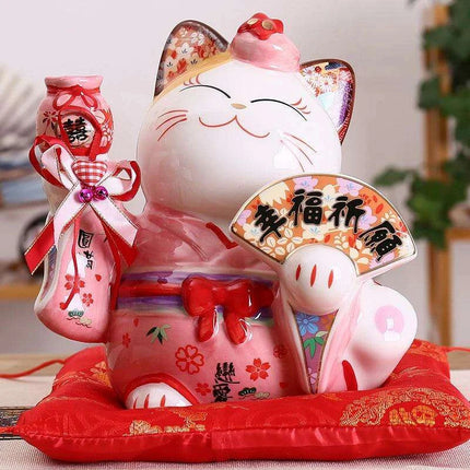 Hand-Painted 8-Inch Ceramic Maneki Neko Lucky Cat Bank - Japanese Charm for Home Decor and Thoughtful Gifting - Très Elite