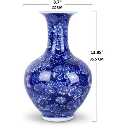 Handcrafted Blue and White Peony Porcelain Vase - Elegant Design with Optional Rotating Stand - Très Elite