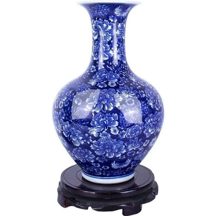 Handcrafted Blue and White Peony Porcelain Vase - Elegant Design with Optional Rotating Stand - Très Elite