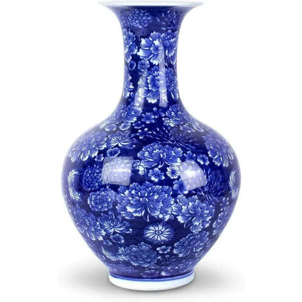 Handcrafted Blue and White Peony Porcelain Vase - Elegant Design with Optional Rotating Stand - Très Elite