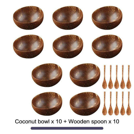 Handcrafted Coconut Bowl Collection with Wooden Spoon - Sustainable Natural Tableware for Salads, Desserts, and More (12-15cm) - Très Elite