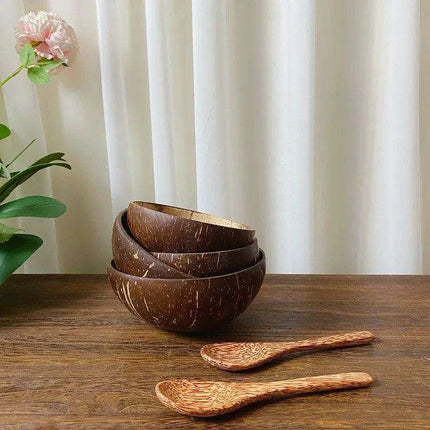 Handcrafted Coconut Bowl Collection with Wooden Spoon - Sustainable Natural Tableware for Salads, Desserts, and More (12-15cm) - Très Elite