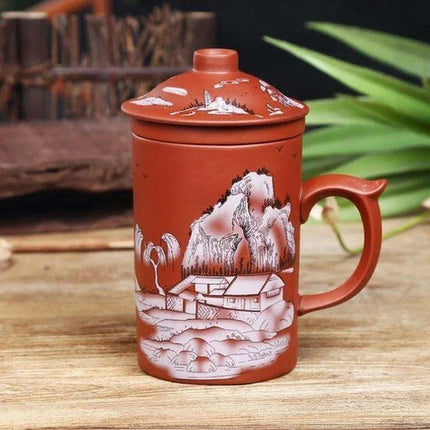 Handcrafted Dragon Design Purple Clay Tea Mug Set with Infuser and Lid - Très Elite