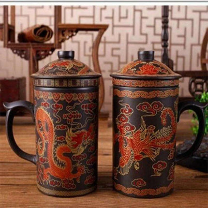 Handcrafted Dragon Design Purple Clay Tea Mug Set with Infuser and Lid - Très Elite