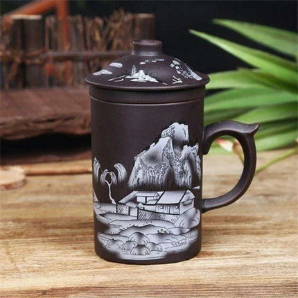 Handcrafted Dragon Design Purple Clay Tea Mug Set with Infuser and Lid - Très Elite
