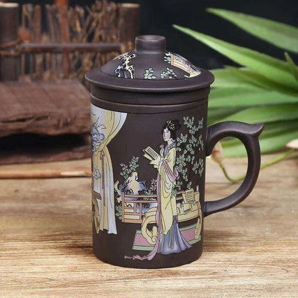 Handcrafted Dragon Design Purple Clay Tea Mug Set with Infuser and Lid - Très Elite