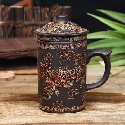 Handcrafted Dragon Design Purple Clay Tea Mug Set with Infuser and Lid - Très Elite