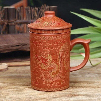 Handcrafted Dragon Design Purple Clay Tea Mug Set with Infuser and Lid - Très Elite