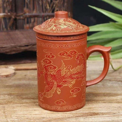 Handcrafted Dragon Design Purple Clay Tea Mug Set with Infuser and Lid - Très Elite