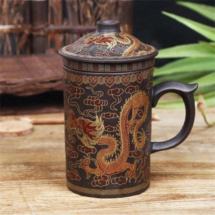 Handcrafted Dragon Design Purple Clay Tea Mug Set with Infuser and Lid - Très Elite
