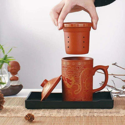 Handcrafted Dragon Design Purple Clay Tea Mug Set with Infuser and Lid - Très Elite