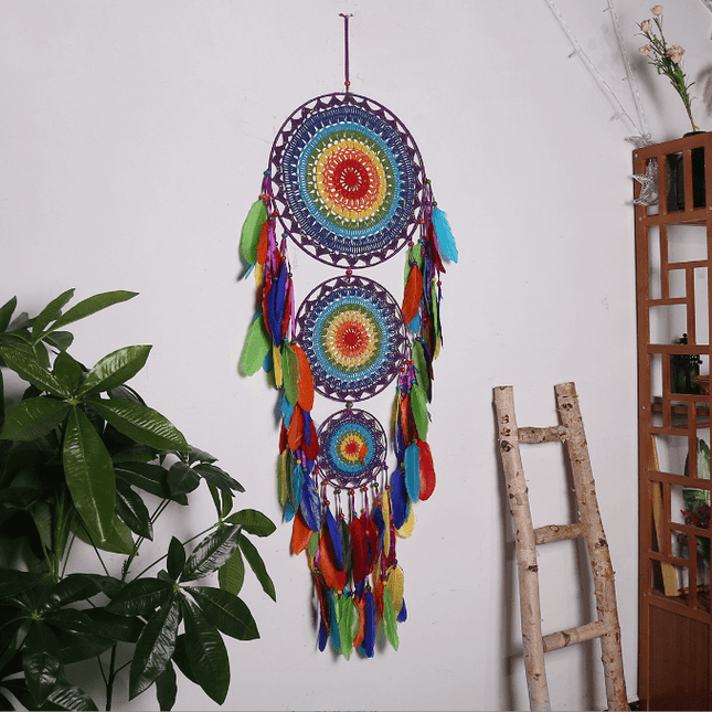 Handcrafted Indian Three-Ring Dream Catcher: Festive Cultural Home Decor Accent