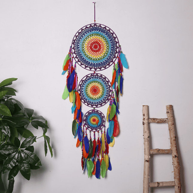 Handcrafted Indian Three-Ring Dream Catcher: Festive Cultural Home Decor Accent