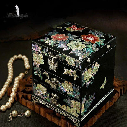 Handcrafted Mother-of-Pearl Jewelry Box with Enchanting Butterfly and Peony Design - Ideal for Storing Bangles and Keepsakes - Très Elite