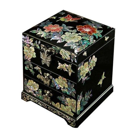 Handcrafted Mother-of-Pearl Jewelry Box with Enchanting Butterfly and Peony Design - Ideal for Storing Bangles and Keepsakes - Très Elite