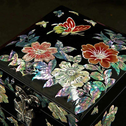 Handcrafted Mother-of-Pearl Jewelry Box with Enchanting Butterfly and Peony Design - Ideal for Storing Bangles and Keepsakes - Très Elite