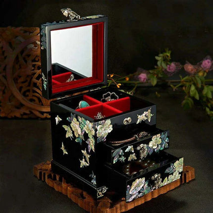 Handcrafted Mother-of-Pearl Jewelry Box with Enchanting Butterfly and Peony Design - Ideal for Storing Bangles and Keepsakes- Très Elite- Très Elite