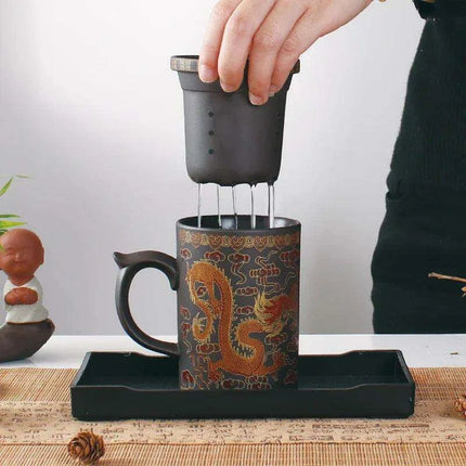 Handcrafted Purple Clay Dragon Teacup with Strainer & Lid - Unique Yixing Zisha Mug - Très Elite