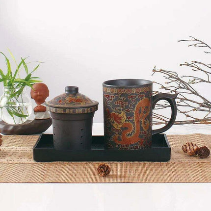 Handcrafted Purple Clay Dragon Teacup with Strainer & Lid - Unique Yixing Zisha Mug - Très Elite
