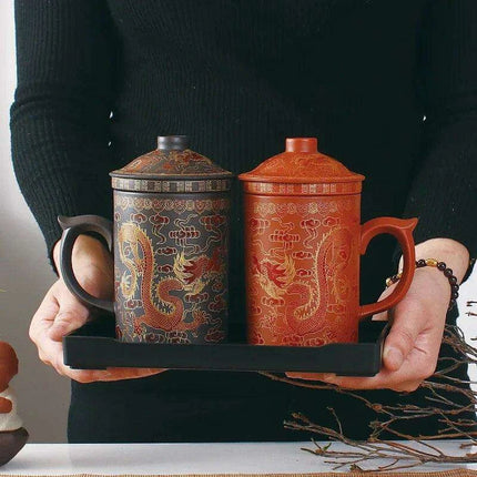 Handcrafted Purple Clay Dragon Teacup with Strainer & Lid - Unique Yixing Zisha Mug - Très Elite